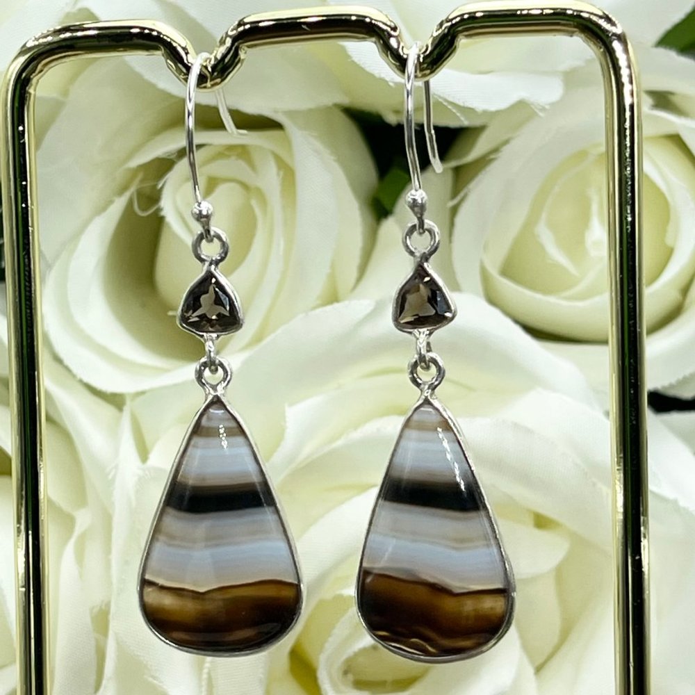 Black Botswana Agate & Smoky Topaz Earrings Silver